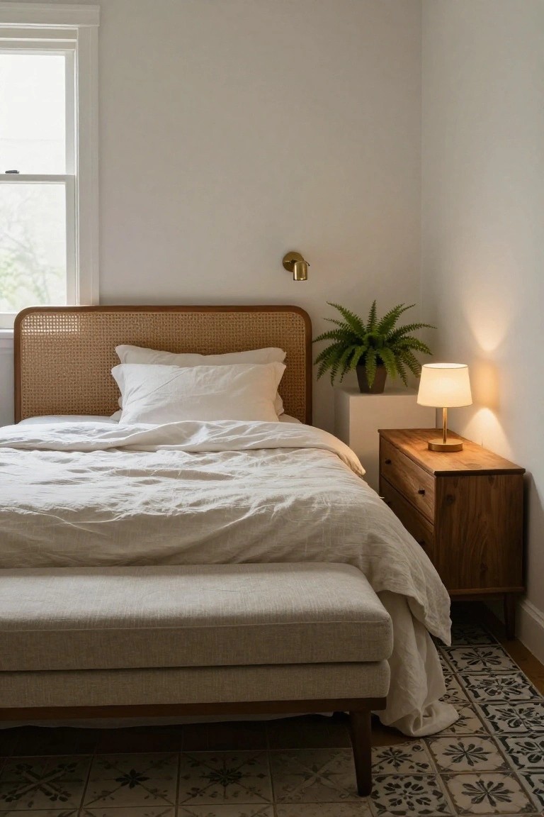 Bedroom corner with rattan headboard bed covered in white linen sheets, wooden nightstand holding a lamp and potted fern plant, wall sconce light, and upholstered bench at the foot of the bed on patterned tile floor.