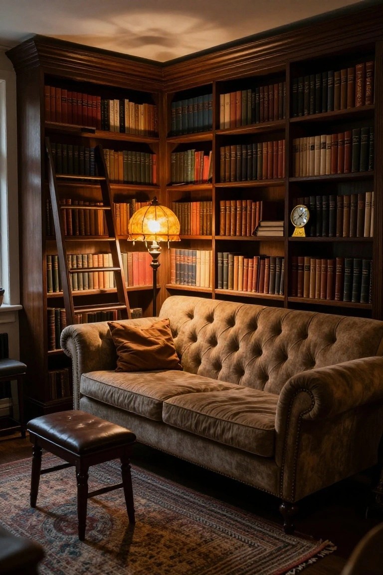 Cozy room corner with beige tufted sofa against dark wood bookshelves filled with books, wooden library ladder, amber-shaded lamp, gold clock, leather footstool, and patterned rug on wood floor.