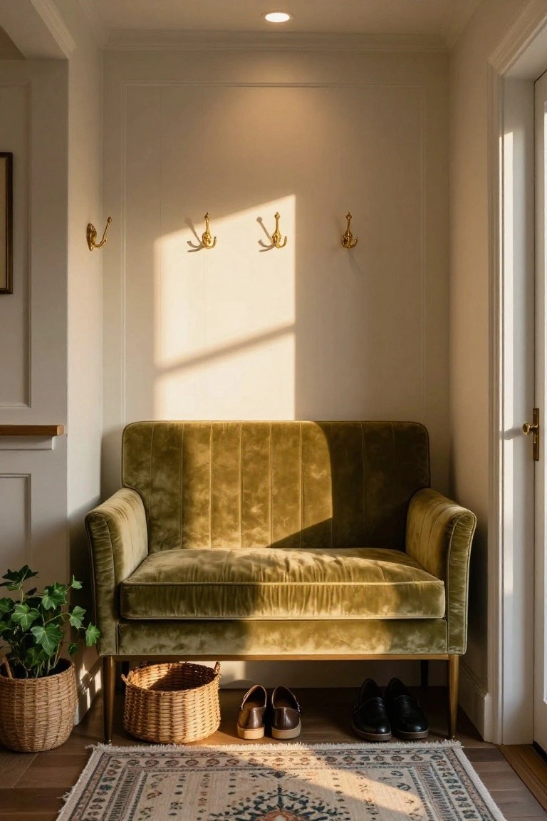 Sunlit entryway with a green velvet loveseat on wood legs, brass wall hooks, potted ivy plant, wicker baskets, brown loafers and black dress shoes on the floor, and a patterned rug in front of a white door.