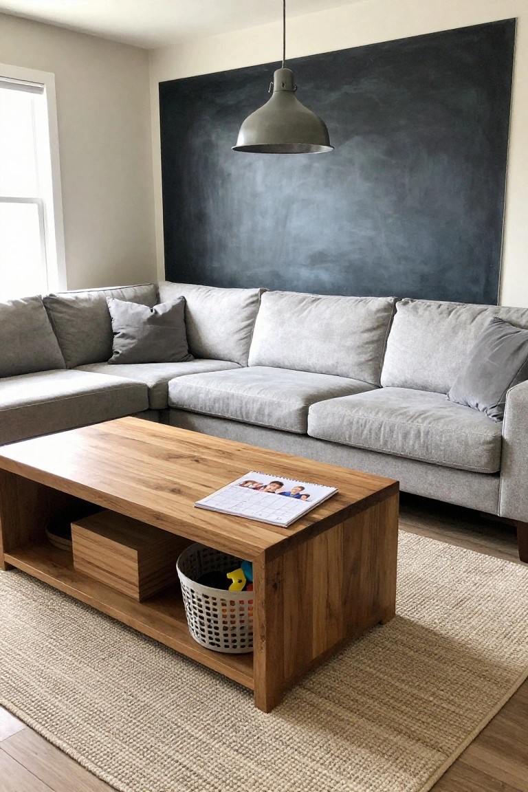 Gray L-shaped sectional sofa positioned in living room corner against dark textured wall, with wooden coffee table holding magazine and basket in front, seagrass rug on hardwood floor.