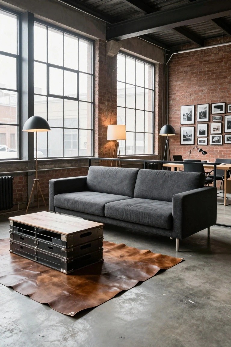 Gray sofa positioned against exposed brick wall in industrial loft space with large multipane windows, tripod floor lamps, wooden crate coffee table on brown leather rug, and desk with chairs in background.