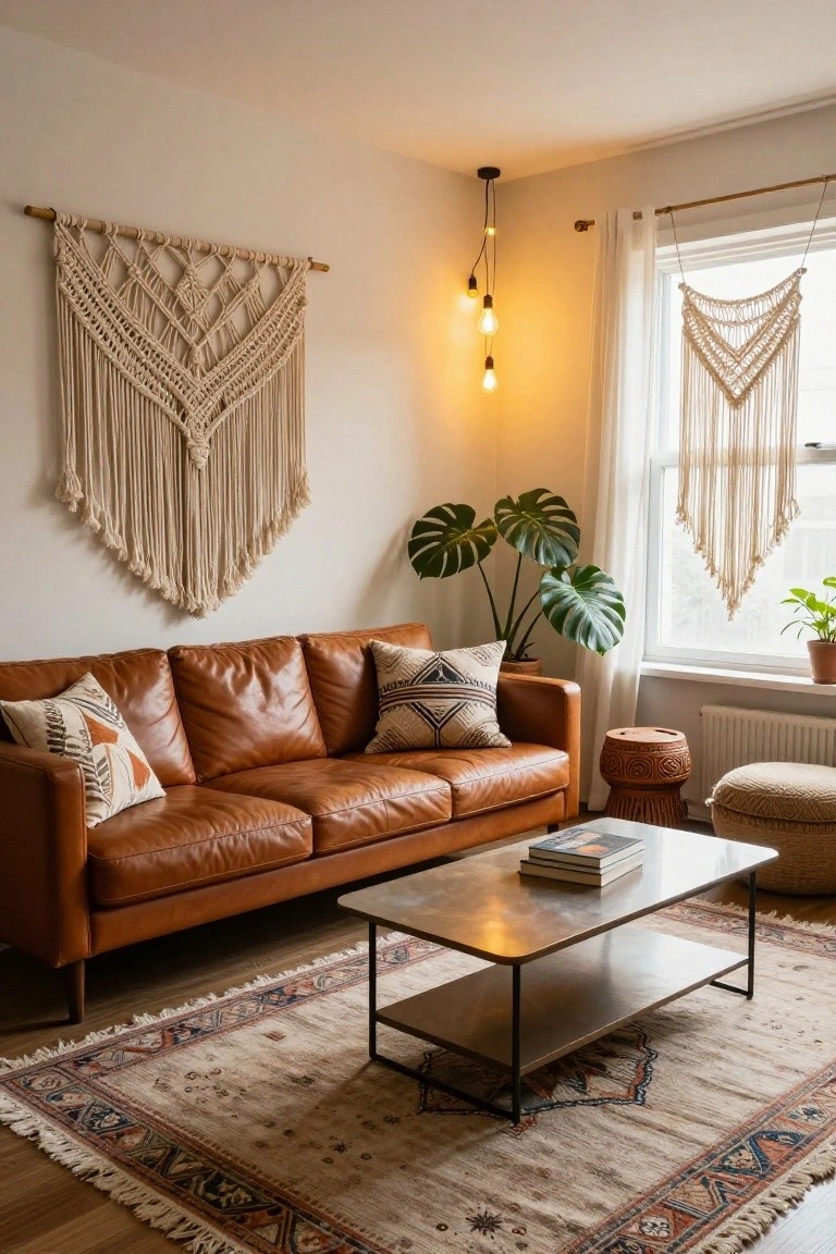 Cozy living room with brown leather sofa, macramé wall hangings, and coffee table.