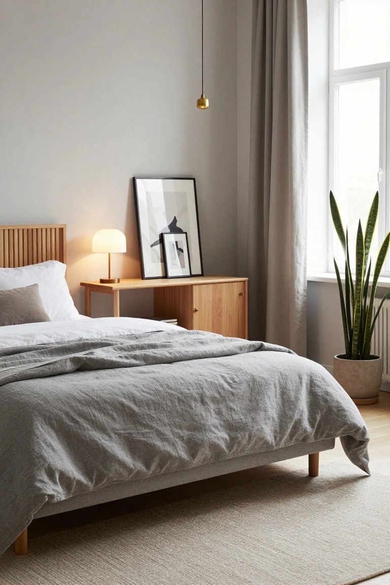 Minimalist bedroom with wooden bed, gray linen bedding, and snake plant.
