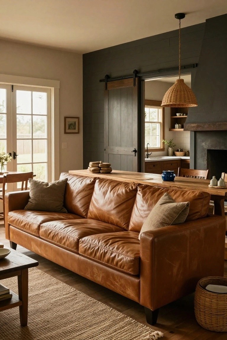 Tan leather sofa positioned directly adjacent to a long wooden dining table with chairs, in a light-filled living room featuring large windows, a dark sliding barn door, woven pendant light, and neutral decor.