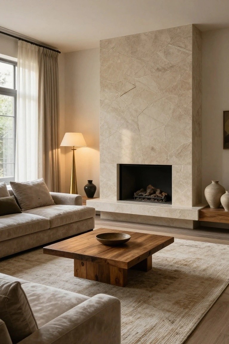 Beige sofa facing a tall veined cream stone fireplace wall in a light neutral living room with wooden coffee table, floor lamp, large windows, and sheer curtains.