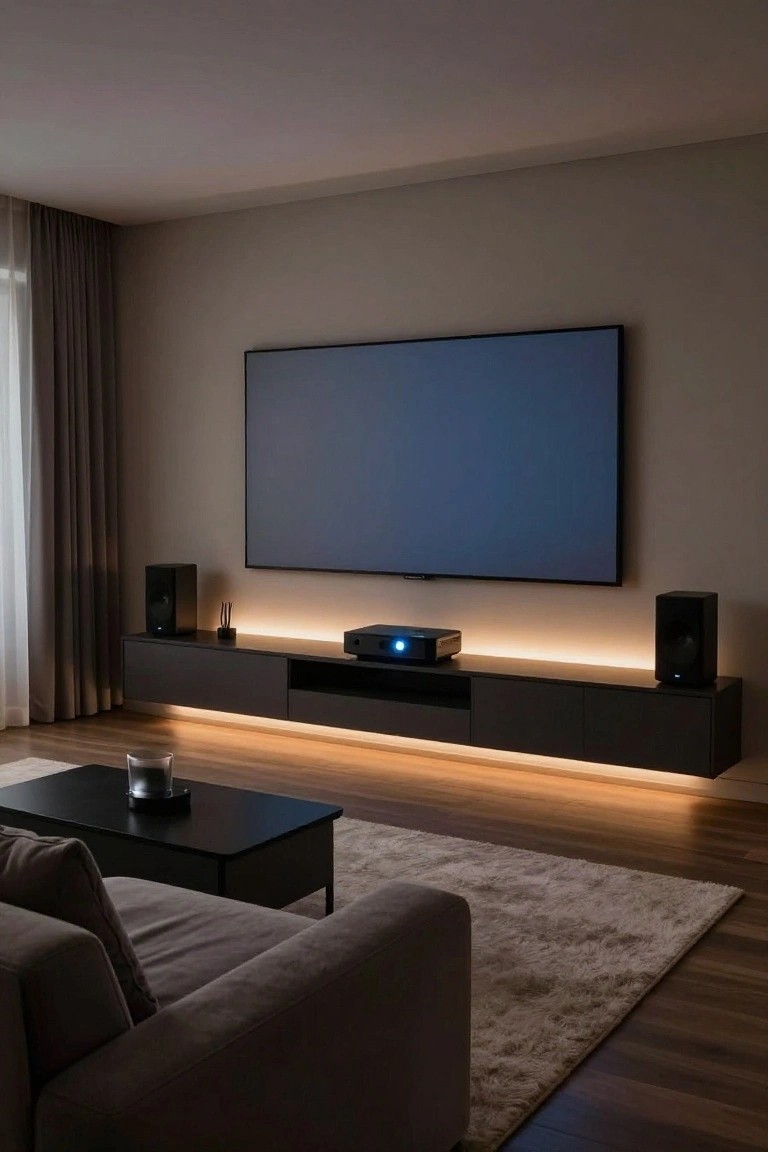 Modern living room interior with beige sofa facing large wall-mounted screen above black floating console with projector and LED underlighting, flanked by black speakers, low black coffee table, gray rug, and wooden floors.
