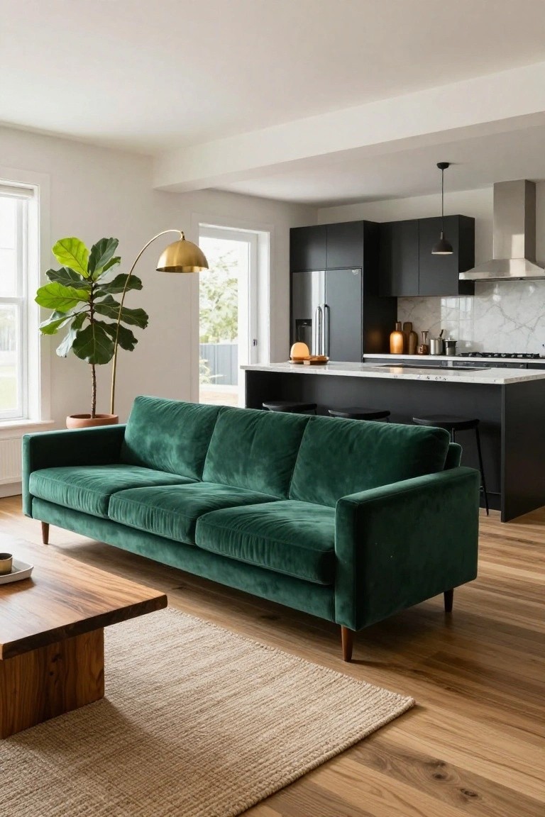Green velvet sofa in a living room facing a black kitchen island with bar stools, wooden coffee table in front, large potted plant, arc lamp, and windows to outdoors.