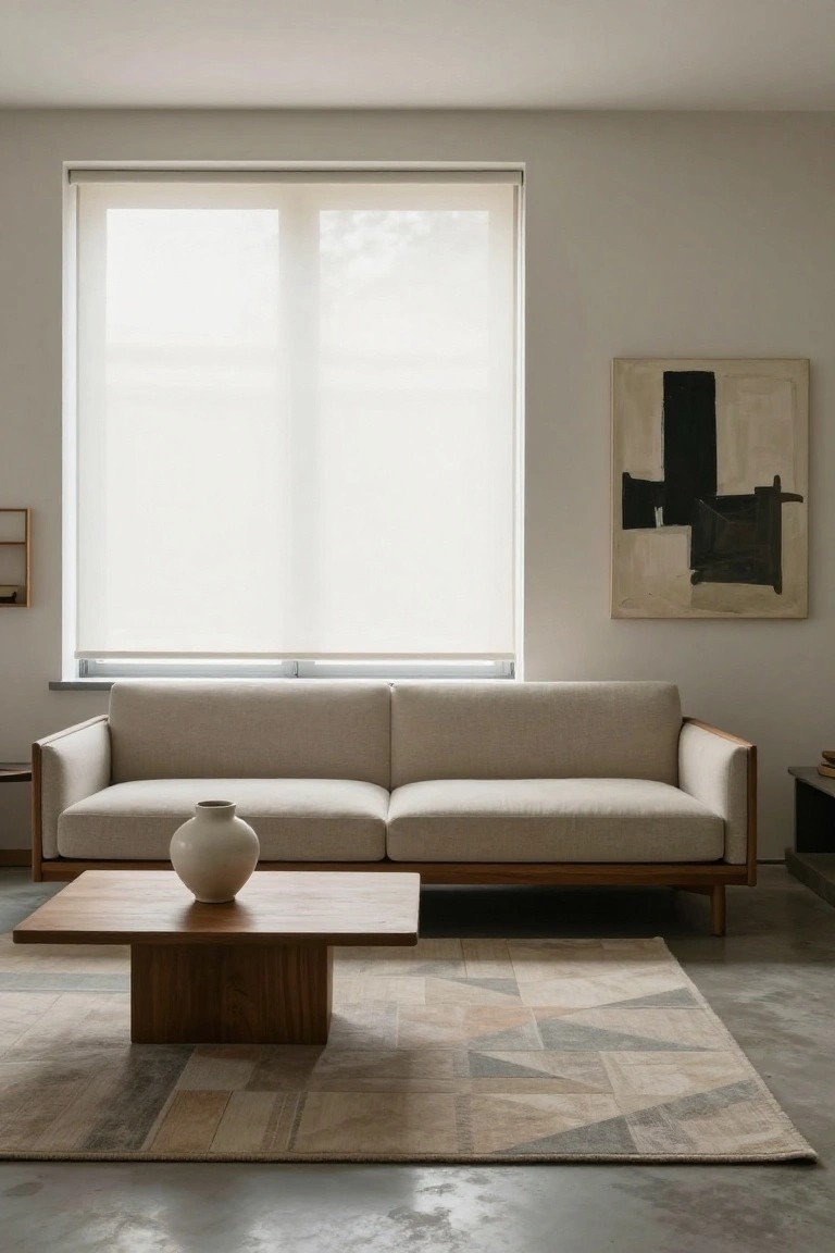 Beige two-seater sofa against a light wall in a minimalist living room, facing a large window with sheer roller blinds, wooden coffee table with white vase in front, geometric rug on concrete floor.