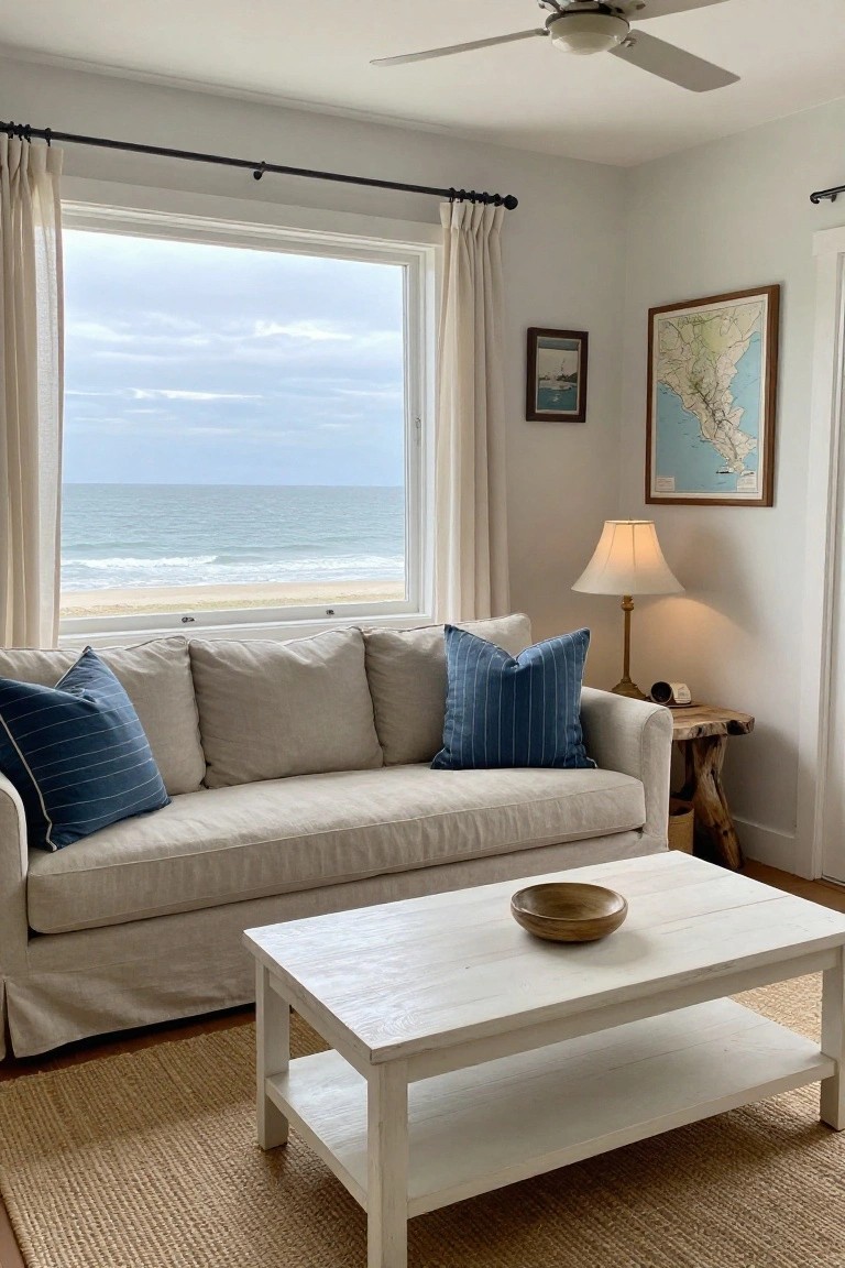 Living room with beige slipcovered sofa facing large window overlooking ocean and beach, blue pillows on sofa, white coffee table with wooden bowl, lamp on wood side table, and framed maps on walls.
