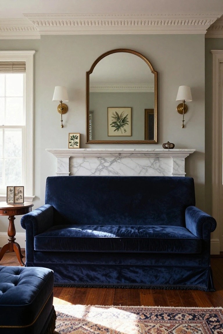 A deep blue velvet sofa positioned directly against a white marble fireplace mantel in a light gray room with gold wall sconces, arched mirror above, and wood side table nearby.