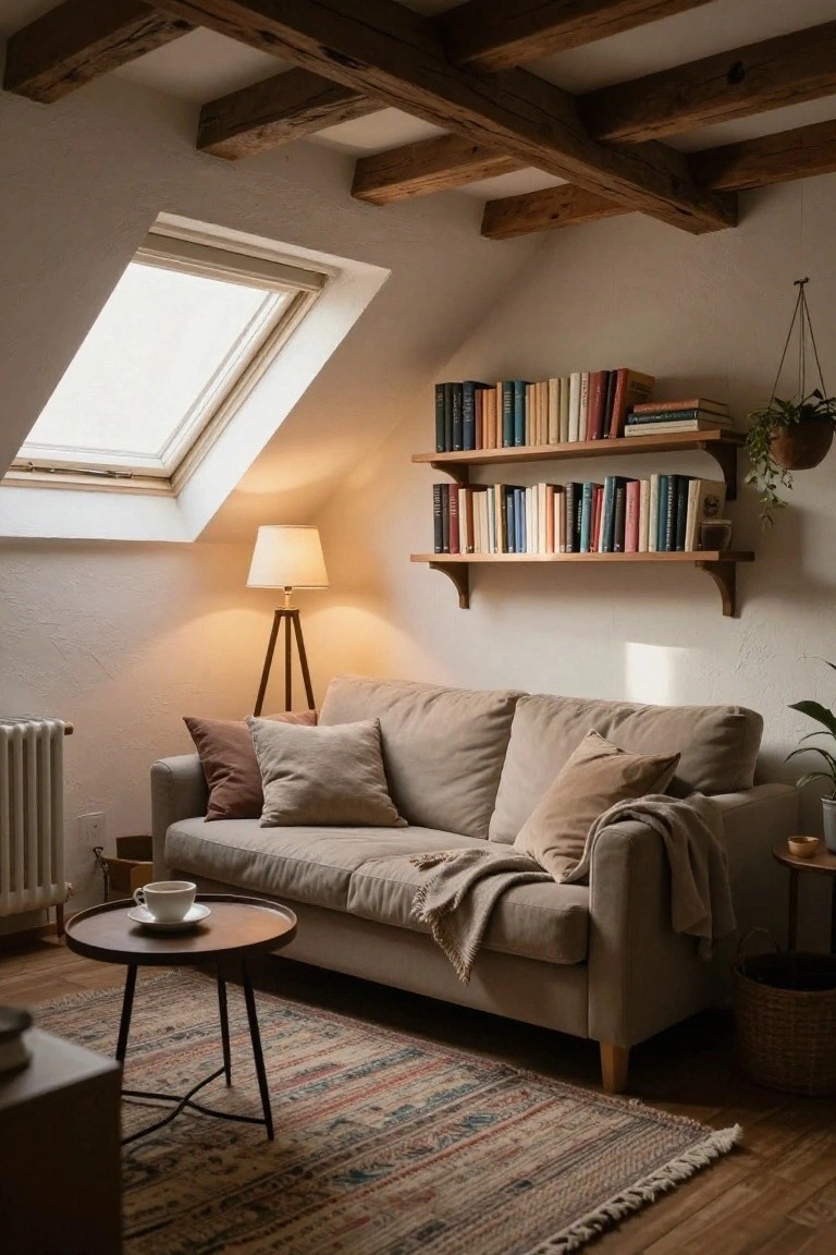 Attic room interior with beige sofa on wooden floor, wooden bookshelves on wall above sofa, skylight in sloped ceiling, tripod floor lamp, small wooden coffee table with teacup, patterned rug, potted plants, and radiator.