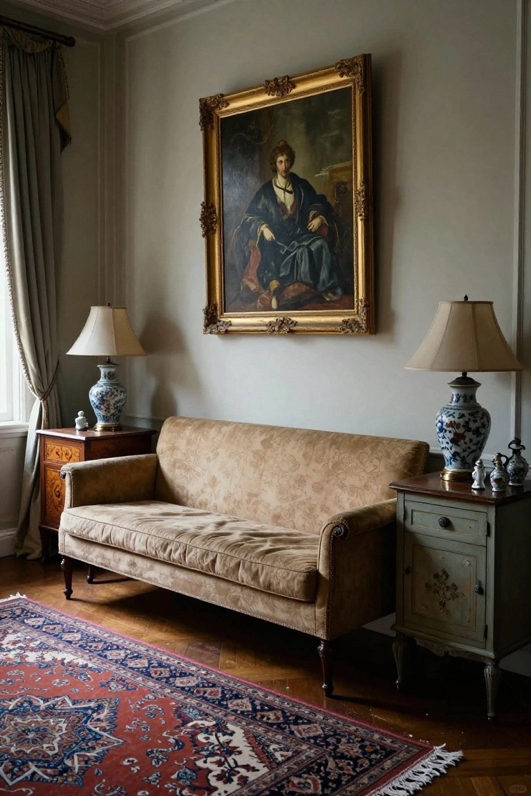 Beige upholstered sofa positioned against a pale gray wall beneath a large gold-framed portrait of a man in dark robes, flanked by wooden side tables with lamps, porcelain vases, and a small figurine, in a room with draped windows and a red Persian rug.