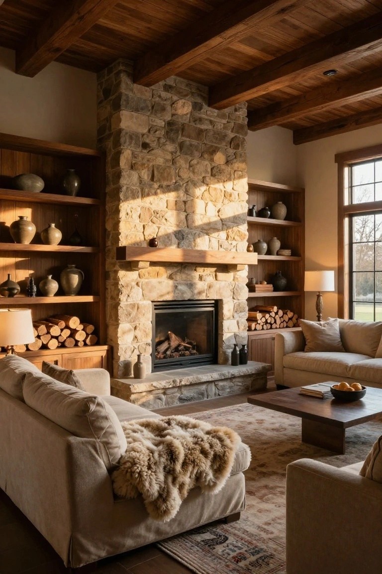 Warmly lit living room with tall stone fireplace as focal point, wooden shelves stocked with pottery and firewood on both sides, two large beige sofas facing the fireplace across a low wooden coffee table, fur throw on one sofa, beamed wooden ceiling, and window views outside.