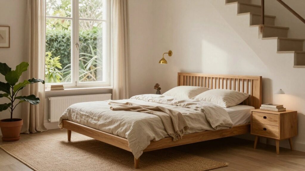 A light oak low platform bed with slatted headboard and underbed drawers in a white bedroom, next to a window with sheer curtains, potted fiddle leaf fig plant, and bedside table with lamp and books.