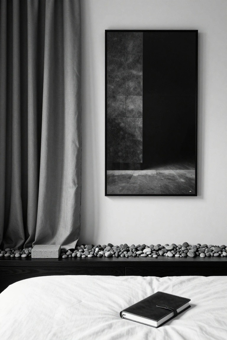 Black-and-white photo of a minimalist bedroom with a low white bed topped by a closed black notebook, gray curtains on the left, abstract framed artwork on the wall, and a black shelf holding pebbles and a concrete block at bed height.