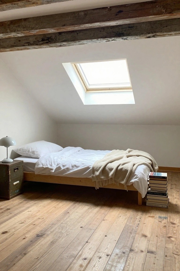 Attic bedroom with low wooden platform bed, white bedding and beige throw, green metal bedside table holding lamp, stack of books on wooden floor, skylight in sloped white ceiling, exposed wooden beams.