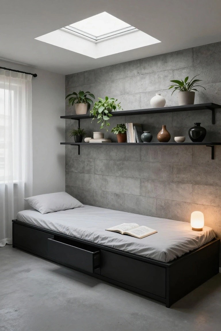 Modern bedroom with low black platform bed on polished concrete floor, gray concrete accent wall with black metal shelves holding plants, ceramics, and books, skylight overhead, white curtains on window, and small bedside lamp.