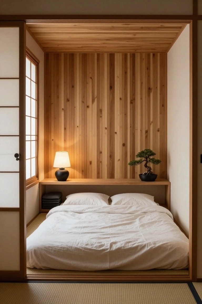 Minimalist Japanese-style bedroom nook with vertical cedar wood walls and ceiling, low white bed on tatami mats, wooden shelf with black lamp and bonsai tree, viewed through open shoji doors.