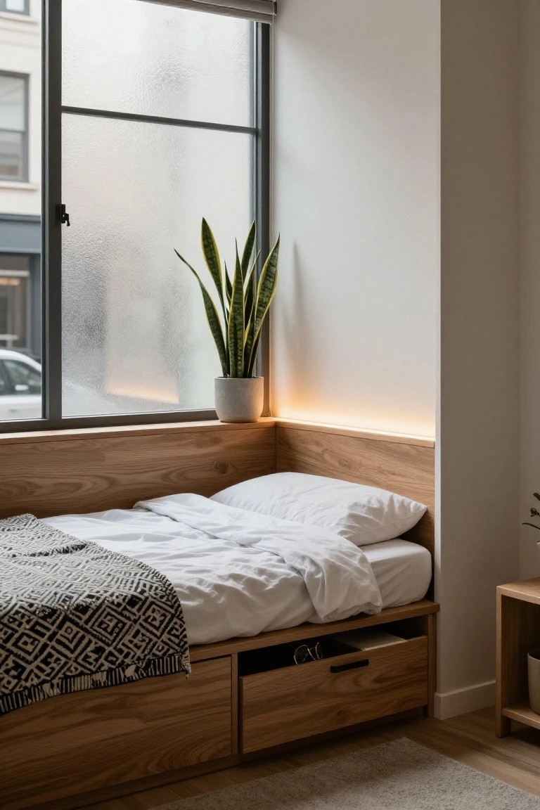 Wooden low platform bed frame built into a corner by a large frosted window, with white sheets, pillows, a patterned throw blanket, under-bed drawers, and a snake plant on the sill.