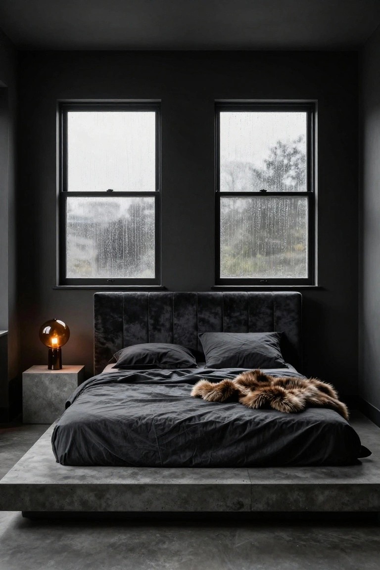 Modern bedroom featuring a low rectangular concrete platform bed with black linens, fur throw, black velvet tufted headboard, amber glass bedside lamp on concrete side table, and two large black-framed windows showing rain outside.
