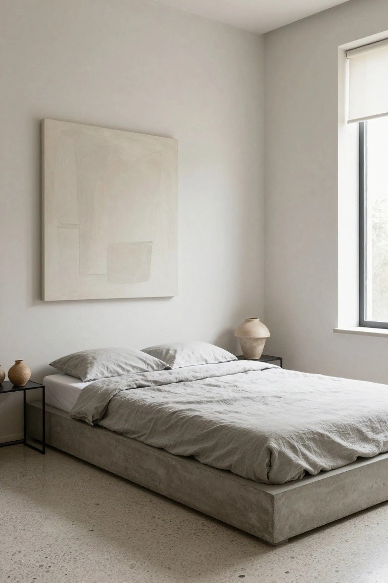 Minimalist bedroom with low gray concrete platform bed draped in gray linens and white sheets, black metal nightstand holding beige vase and lamp, large abstract white painting on wall, window with roller blind, and terrazzo floor.