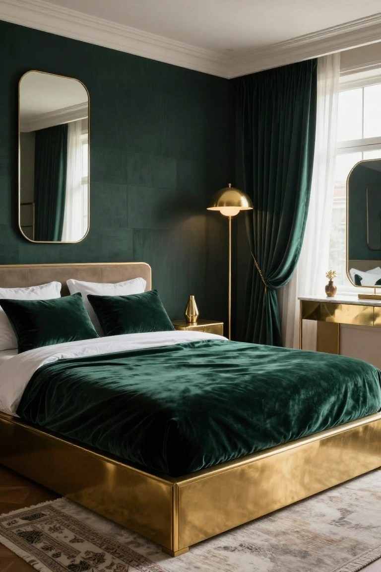 Bedroom interior with dark green velvet-upholstered walls, a low rectangular gold platform bed covered in green velvet bedding and pillows, gold side tables, a floor lamp, green drapes, and gold-framed mirrors.