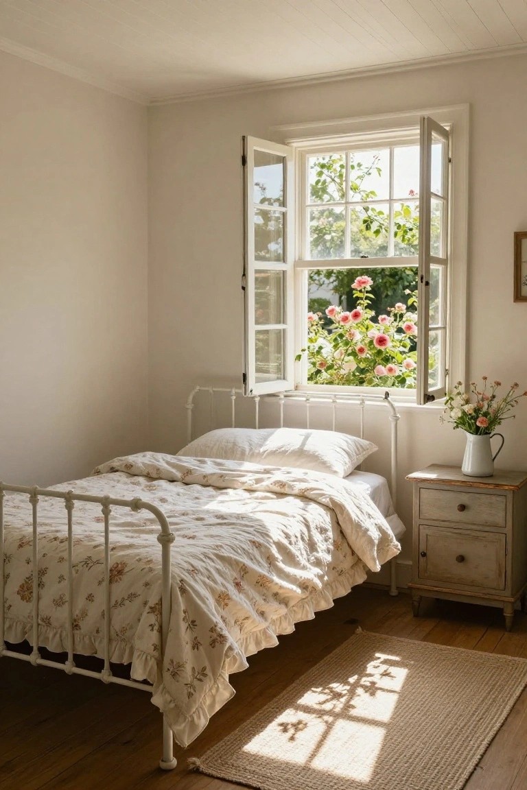 Small bedroom with low white iron bed frame, ruffled floral bedding, open white casement window showing garden roses, wooden side table holding jug of flowers, seagrass rug on wooden floor.