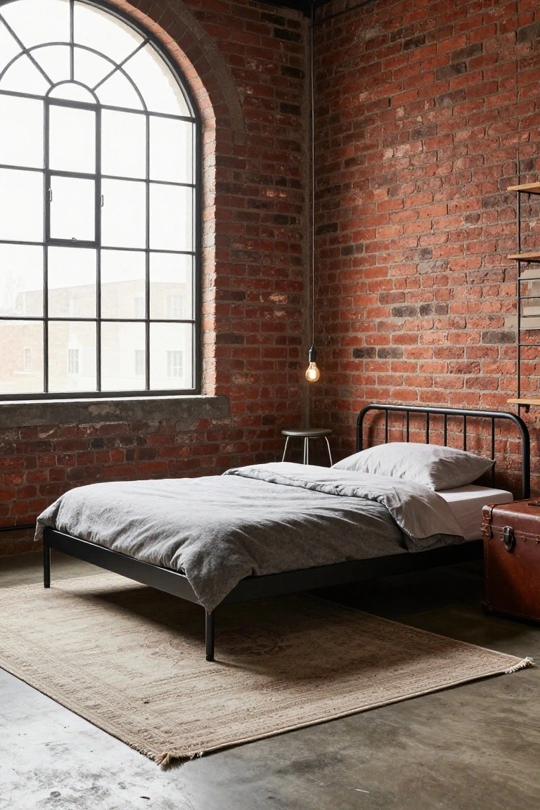 Bedroom interior with low black metal bed frame, gray linens, exposed brick walls, large arched metal window, pendant bulb light, small metal stool, and tan suitcase on concrete floor.