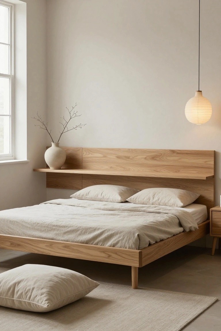 A minimalist bedroom corner with a low oak wood bed frame, integrated wooden headboard shelf holding a beige vase with branches, white linen bedding, a floor cushion, nightstand, and paper lantern pendant light.
