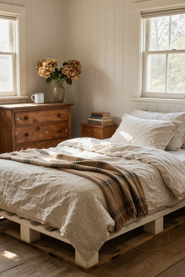Rustic bedroom with white linens, plaid throw, wooden pallet bed, and dried flowers.