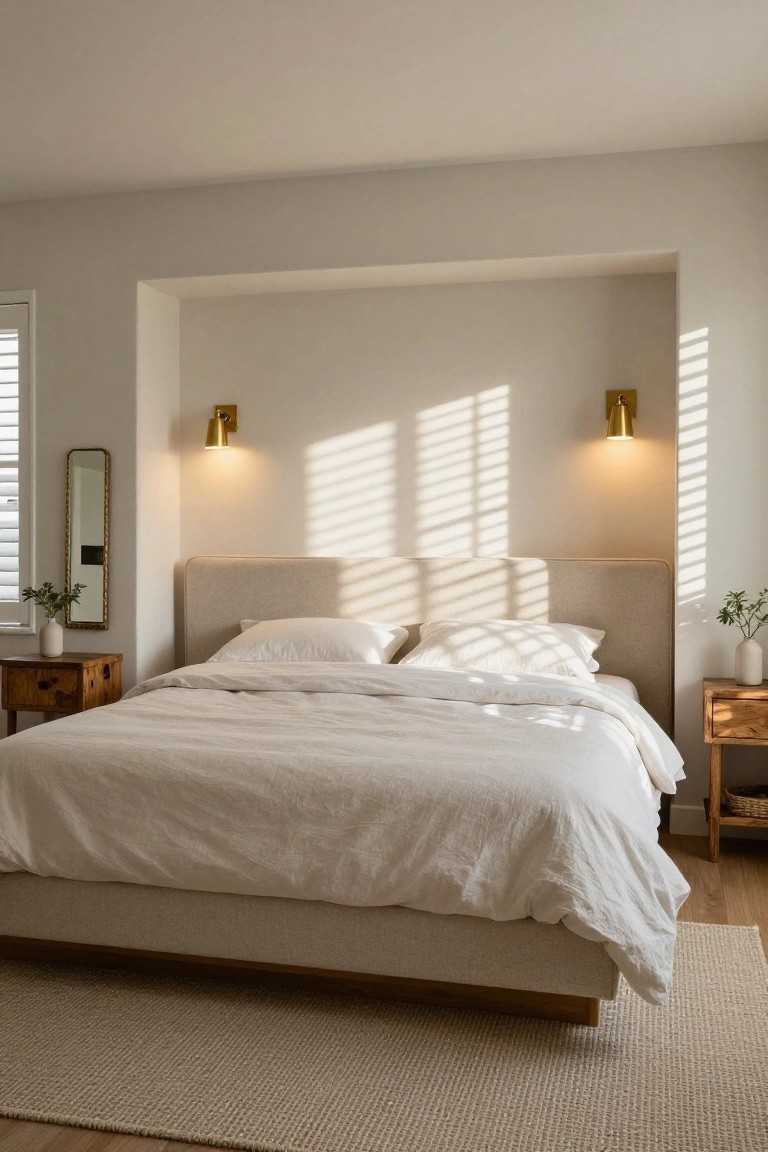 Bedroom with a low beige platform bed in a wall recess, white linen bedding, wooden nightstands, gold sconces, potted plants, and shutters on a side window.