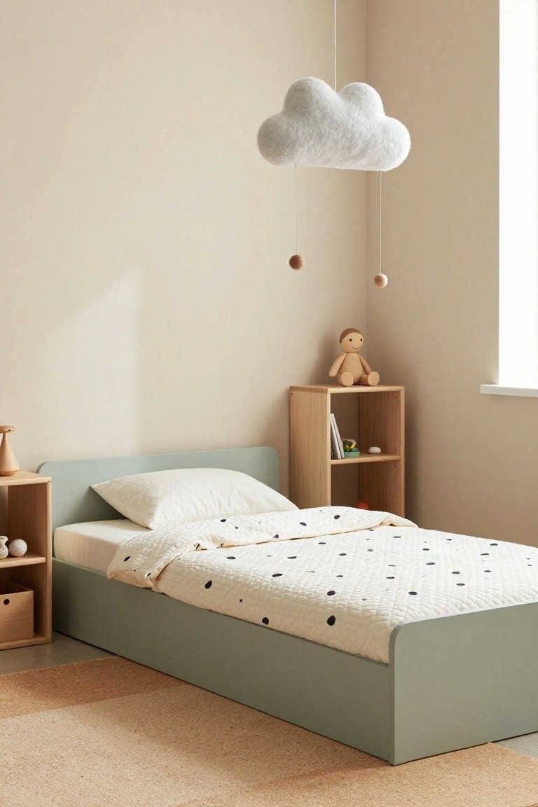 Children's bedroom with low mint green bed frame topped by white pillow and quilted duvet with black dots, wooden shelves holding toys and books, mushroom lamp on nightstand, and white cloud mobile hanging from ceiling.