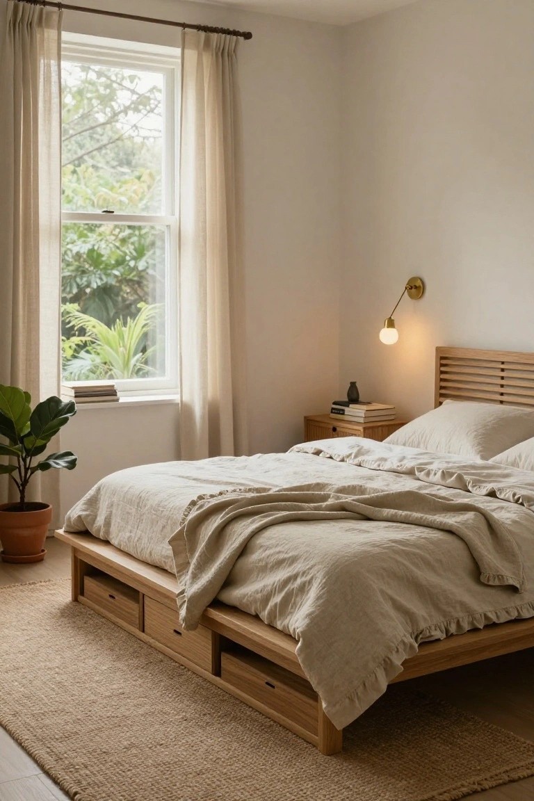 A light oak low platform bed with slatted headboard and underbed drawers in a white bedroom, next to a window with sheer curtains, potted fiddle leaf fig plant, and bedside table with lamp and books.