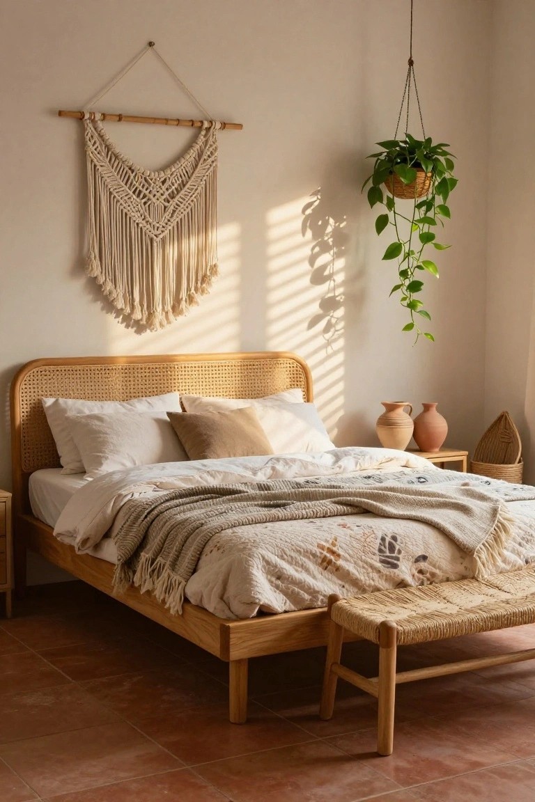 Cozy bedroom with a wooden bed, macrame wall hanging, and hanging plant.