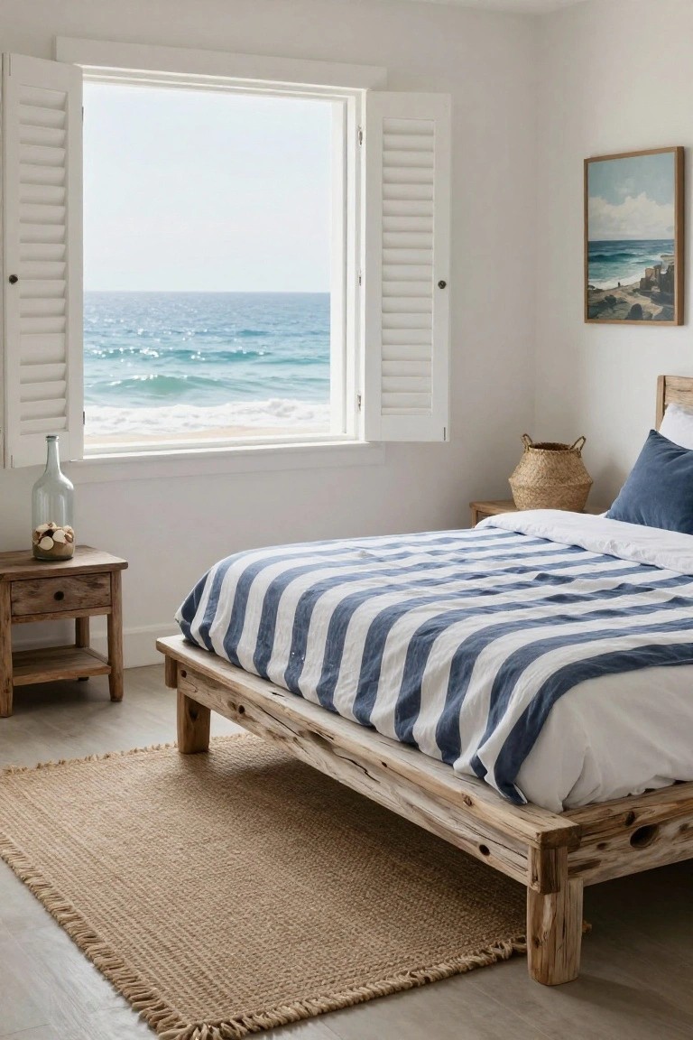 Coastal bedroom with striped bedding, ocean view, wooden furniture, and woven rug.