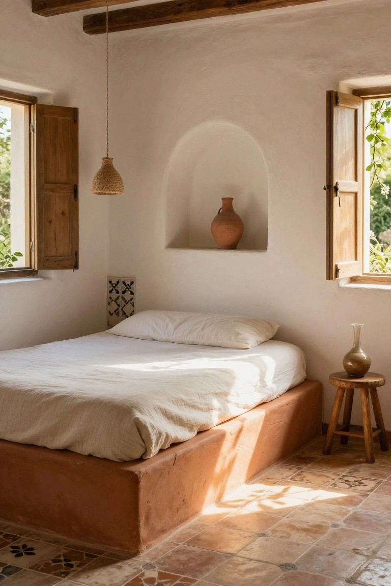 Bedroom interior featuring a low terracotta platform bed with white linens, woven pendant light, arched niche with terracotta vase, wooden shutter windows open to greenery, and terracotta tile floor.