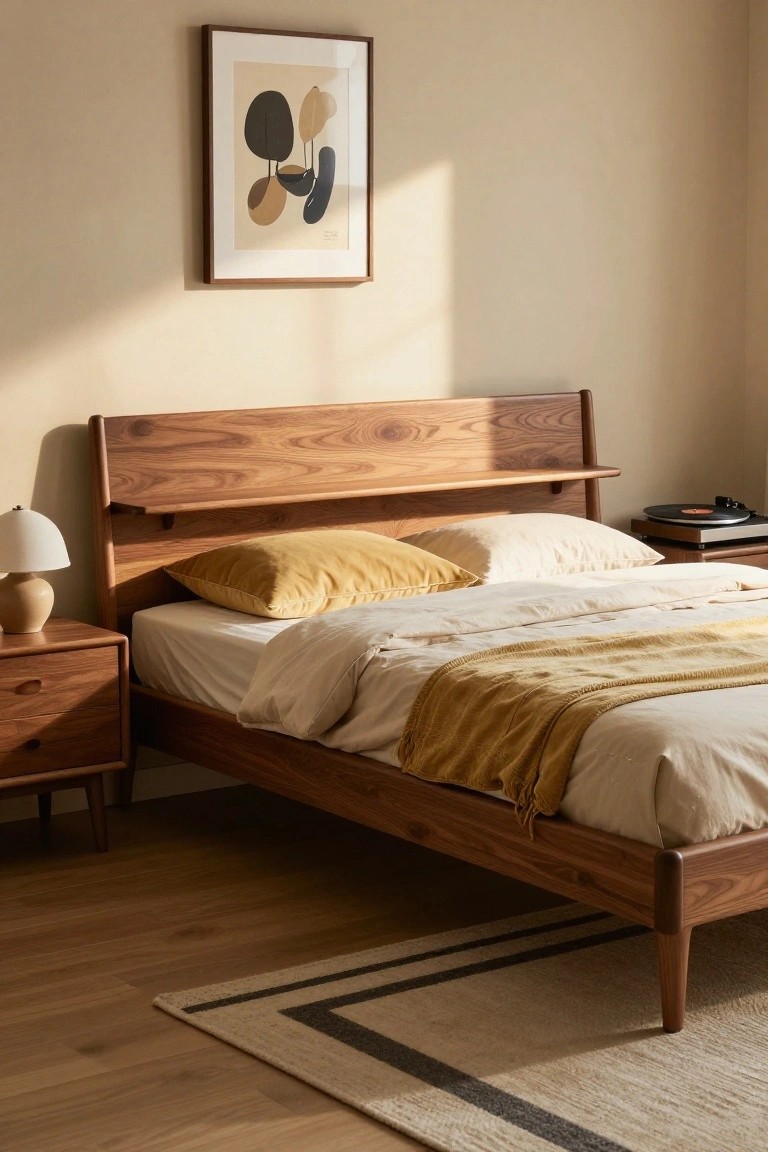 Bedroom with low wooden platform bed frame, headboard shelf, yellow and white pillows, bedside table with lamp and vase, turntable, abstract wall art, and light wood floors.