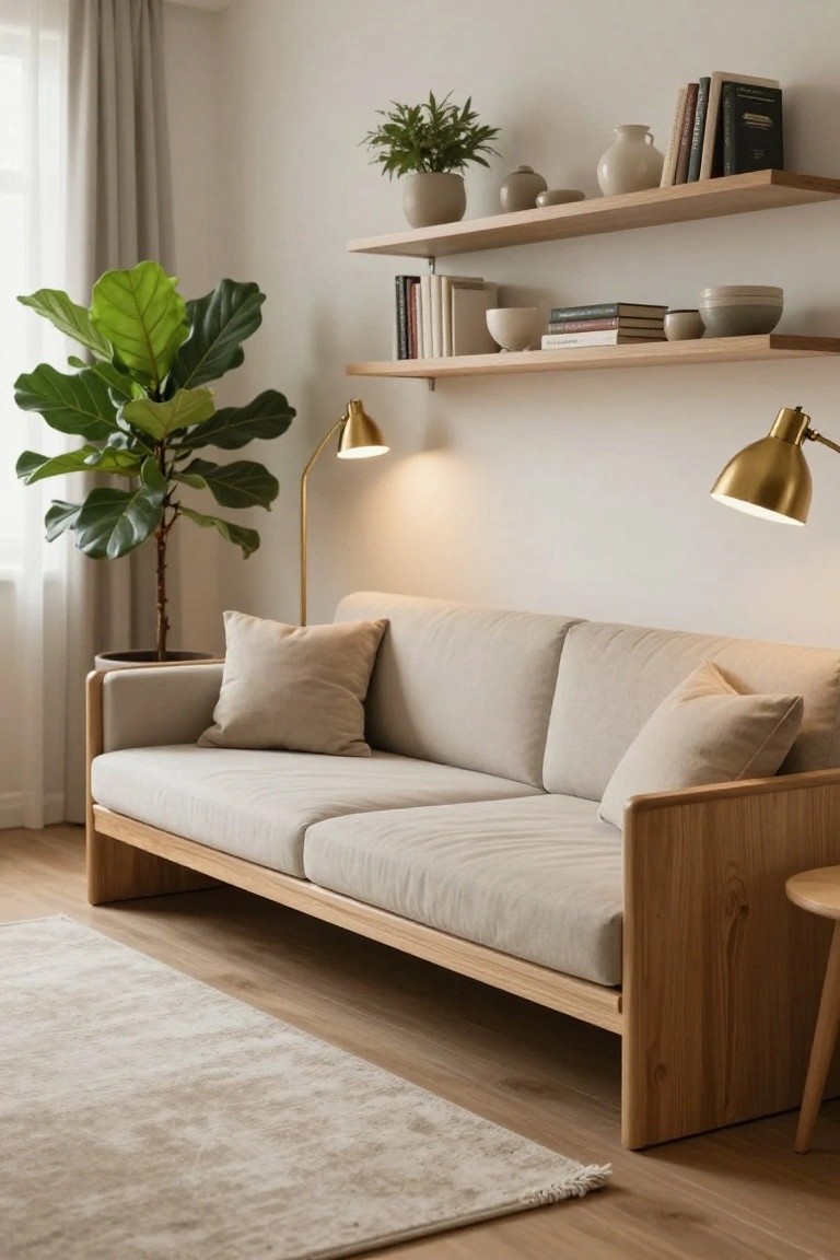 A low-profile beige sofa with wooden frame sits in a light-colored living room featuring floating oak shelves with books and ceramics, potted plants, gold arc lamps, and a cream rug on light wood floors.
