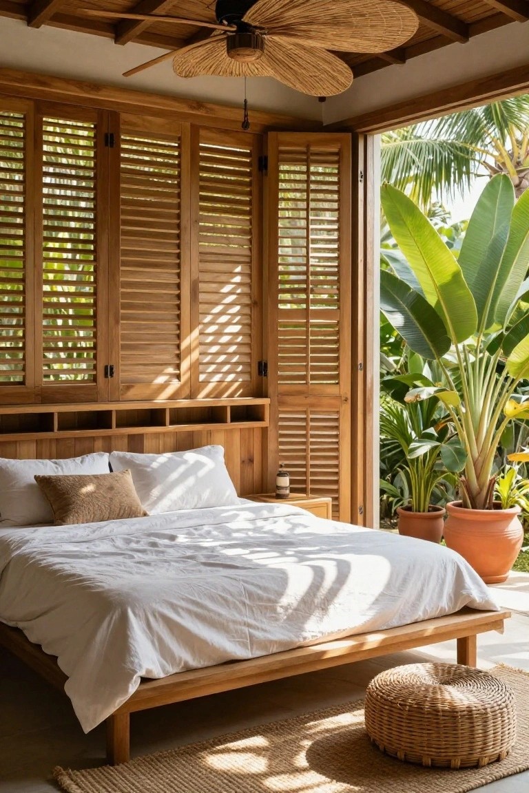 Bedroom with low wooden platform bed, white sheets, beige pillow, open wooden shutters to lush tropical garden, ceiling fan, potted plants, and woven stool on floor.