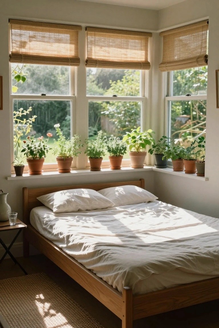 Bedroom with low wooden platform bed frame, white sheets and pillows, potted plants lining wide windowsills, bamboo shades, and garden view through open windows.