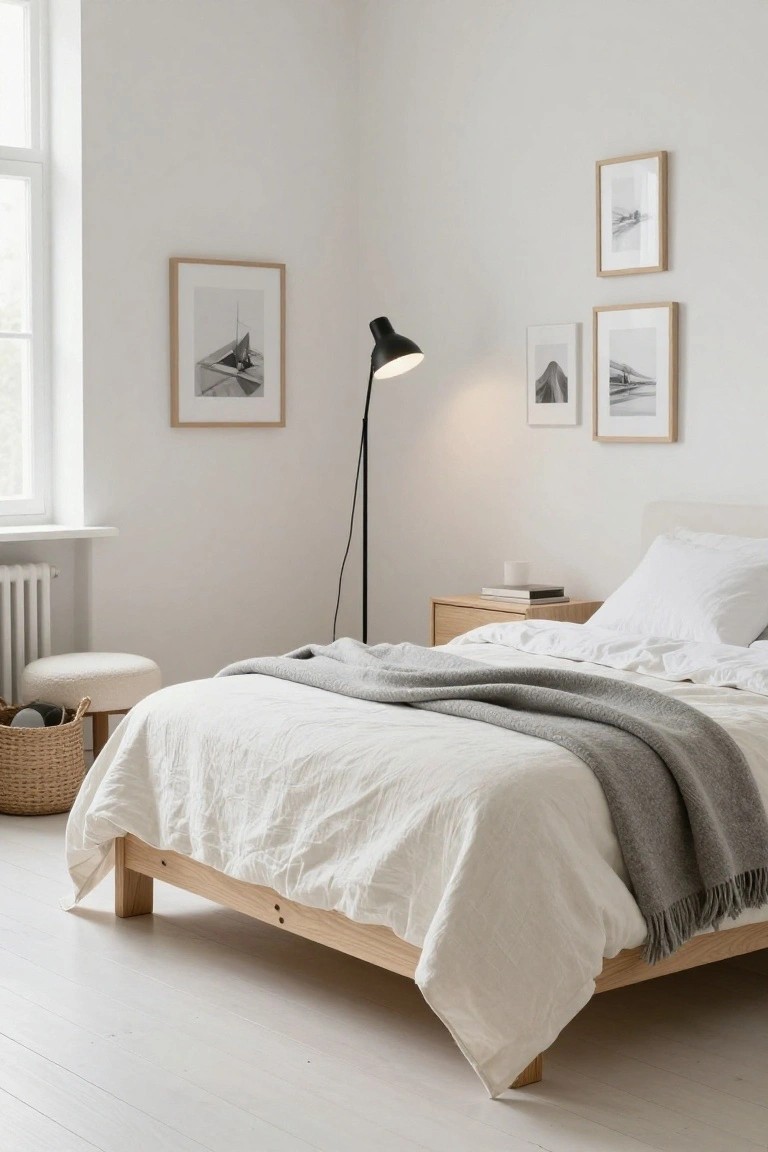 Corner of a white bedroom with low oak bed frame, white bedding, gray throw, oak nightstand with books and mug, black floor lamp, wicker basket on pouf stool, and black-and-white ship photos in oak frames on walls above radiator.