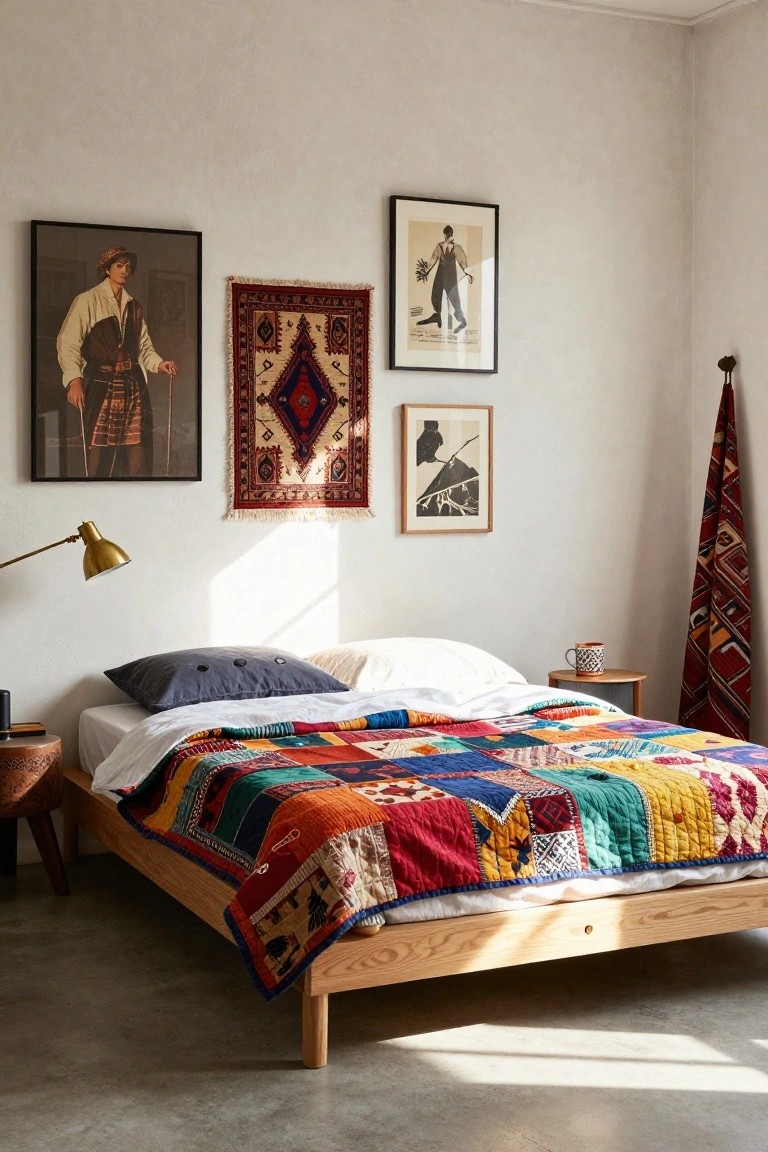 Bedroom with low wooden platform bed topped by multicolored patchwork quilt, gray pillow and white sheets, side tables with books and mug, wall art, hanging rugs, and gold desk lamp on concrete floor.
