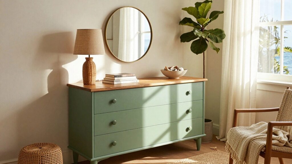 A green three-drawer dresser with a natural wood top is placed under a round mirror next to a window.