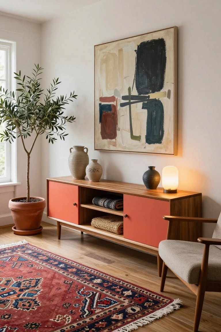 A low wooden console with coral painted doors holds several vases and a lit lamp, positioned below an abstract painting on a white wall.