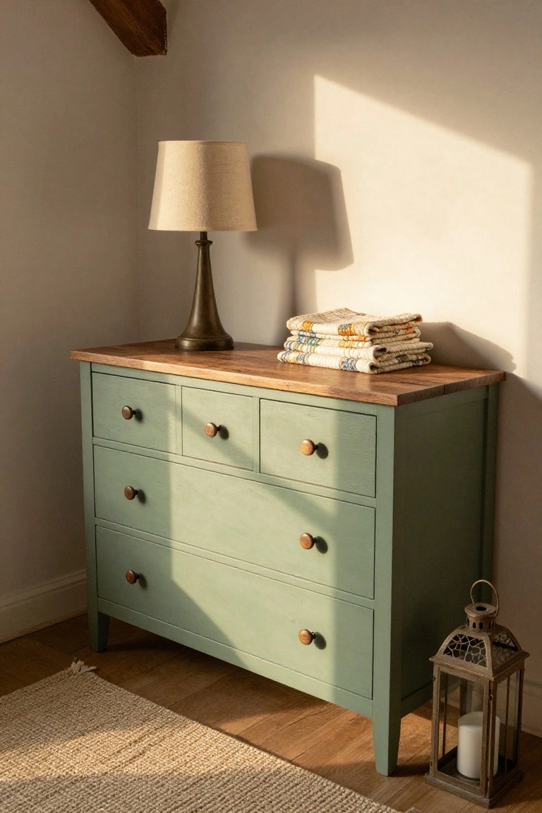 Green wooden dresser with lamp, folded textiles, and metal lantern.
