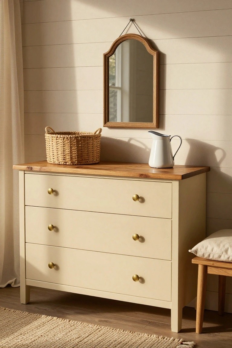 A cream dresser with a natural wood top, brass knobs, a woven basket, and a white pitcher on top, with an arched wood mirror hanging above it.