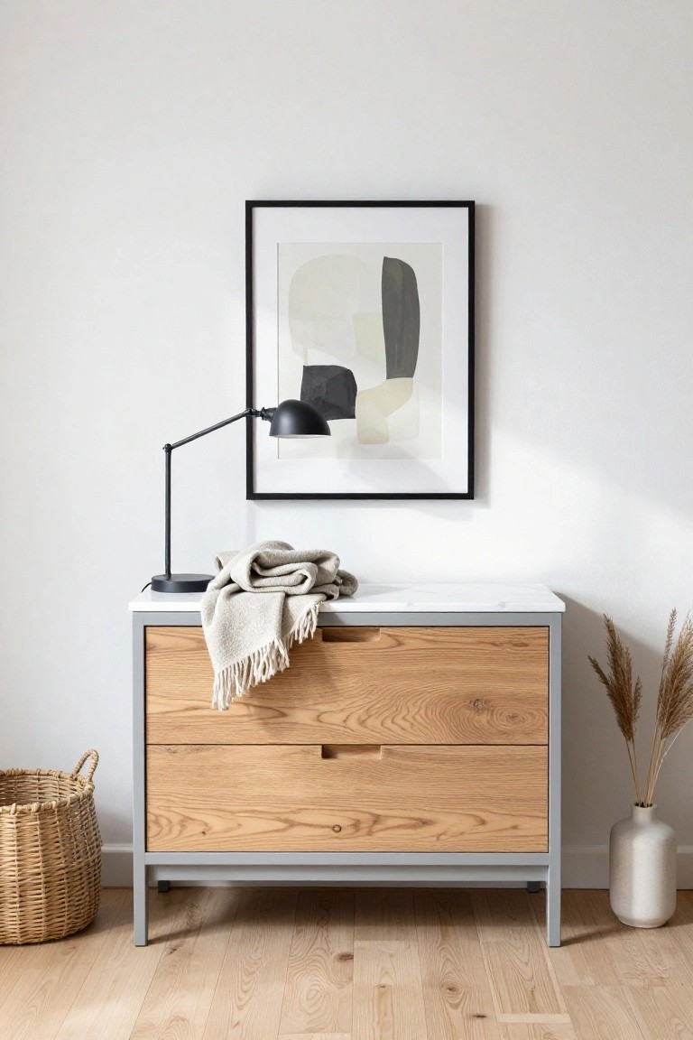Minimalist oak dresser with marble top, abstract art, and black lamp.