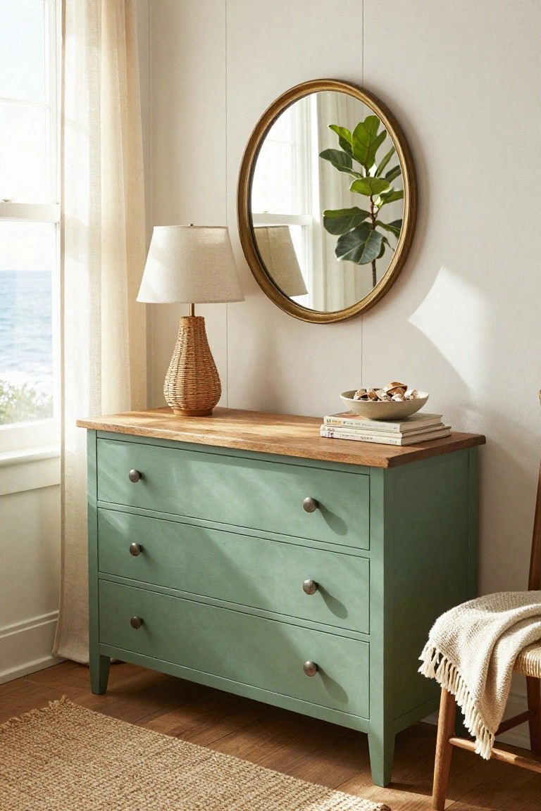 A green three-drawer dresser with a natural wood top is placed under a round mirror next to a window.