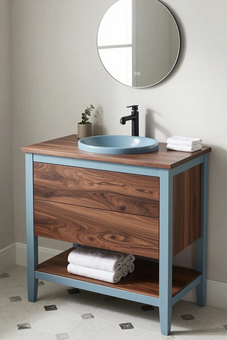 Modern blue wood bathroom vanity with round vessel sink and round mirror.