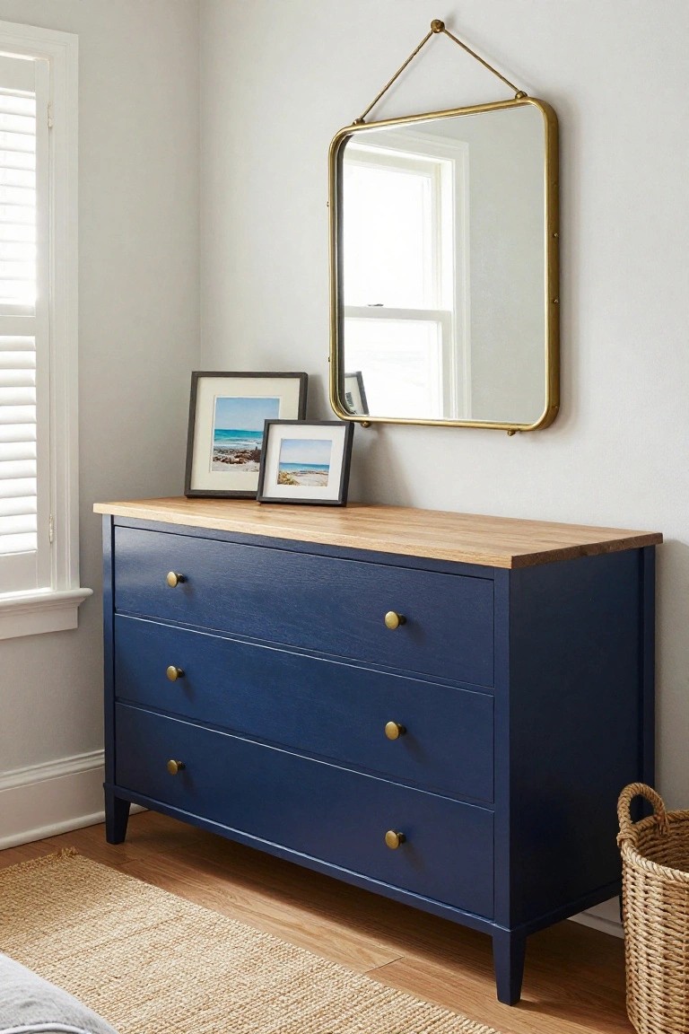 Navy blue dresser with wood top, gold mirror, framed photos, woven basket.